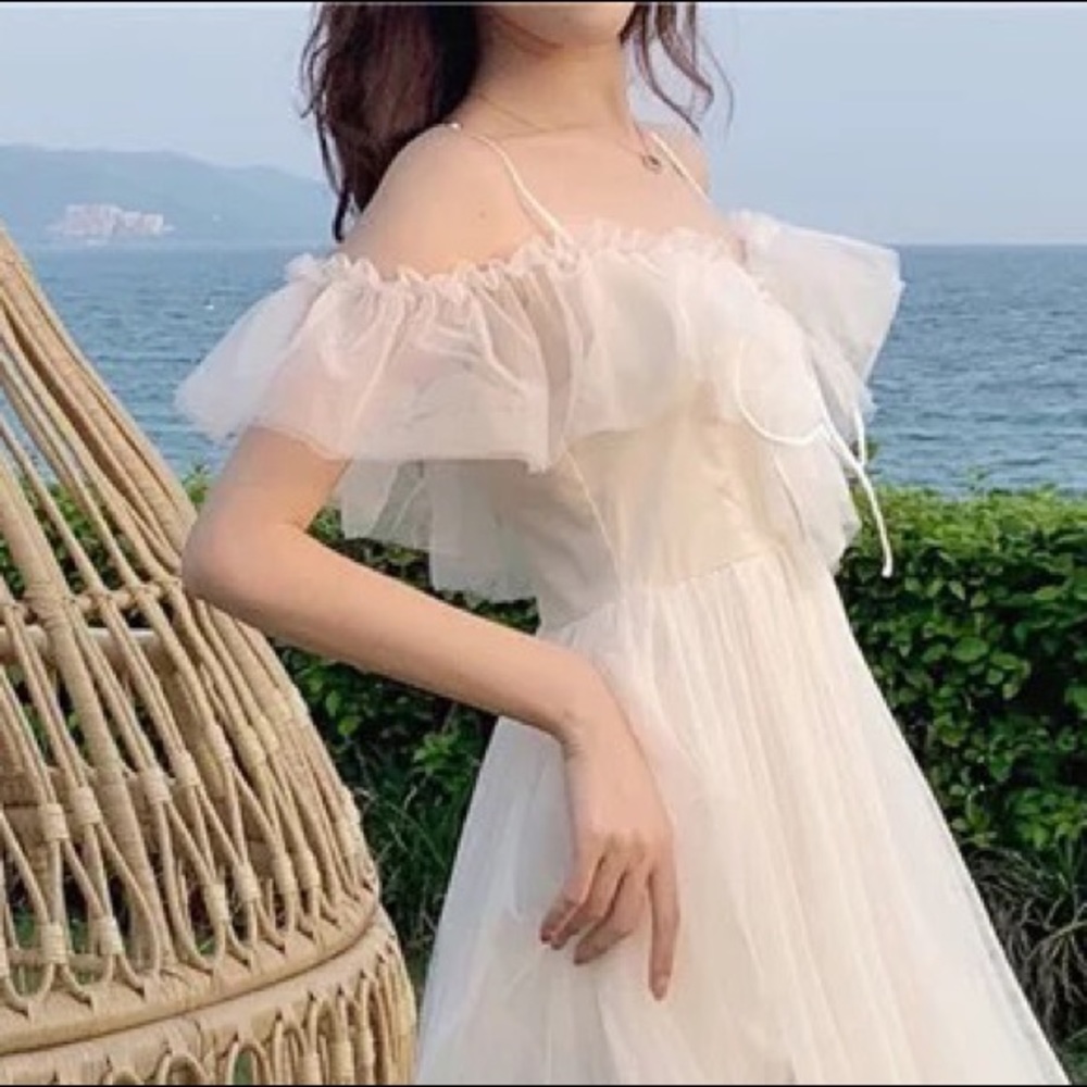 Lace dress Ruffle off shoulder cream lace fairy mesh flare womens dresses - Picture 7 of 16